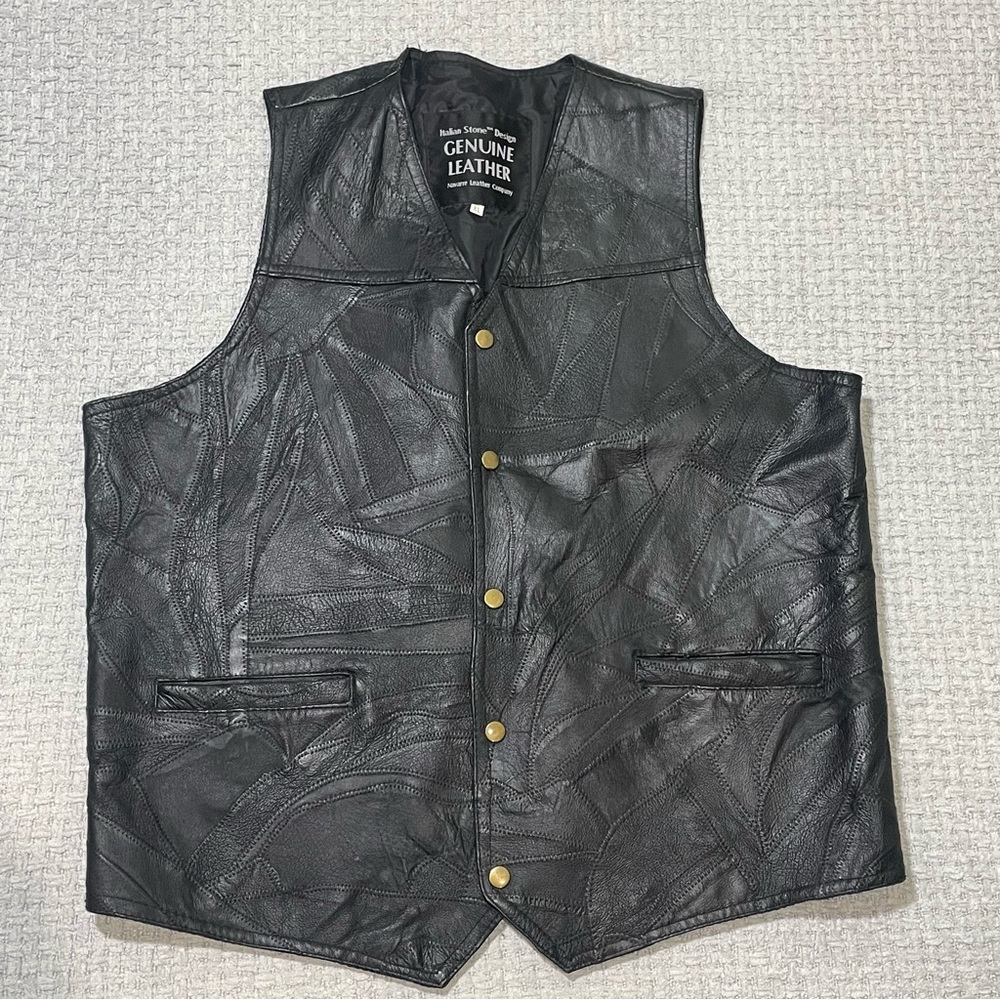 Vintage Black Leather Patchwork Design Snap Up Vest Streetwear Navarre Size XL